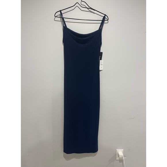 NWT Bebe Cowl Midi Dress Navy Slit Lim Fit Dress Size XS Style Number 702917 - Picture 3 of 11